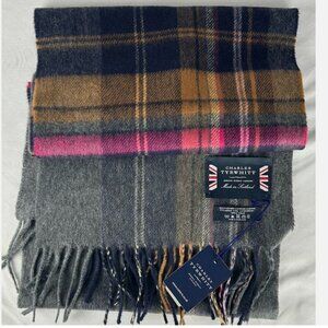NWT Charles Tyrwhitt Plaid Cashmere Wool Scarf Fringe Tartan Gray Blue Pink